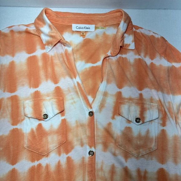 Calvin Klein | Orange & White Pattern 3/4 Sleeve Button Down Shirt | Size M - Picture 4 of 10